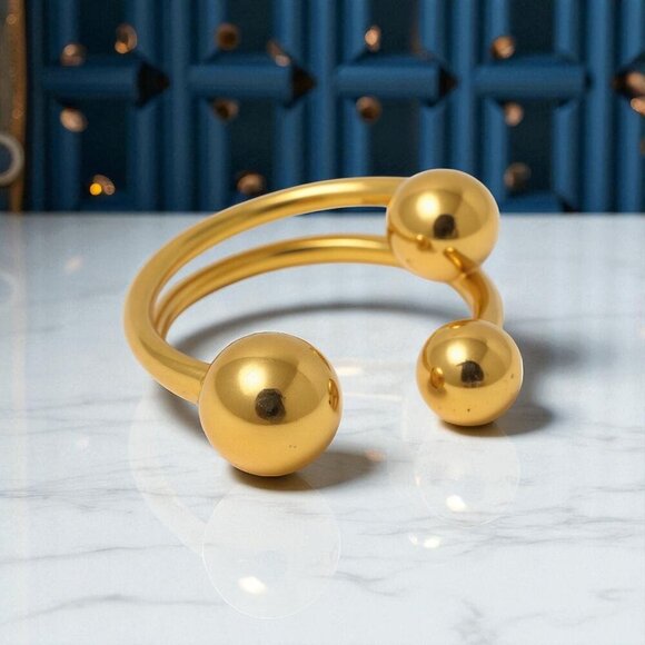 🆕️18K Gold Plated Adjustable Triple Beads Stainless Steel Statement Ring Sz 7 - Picture 9 of 13